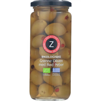 Økologiske grønne oliven med rød peber